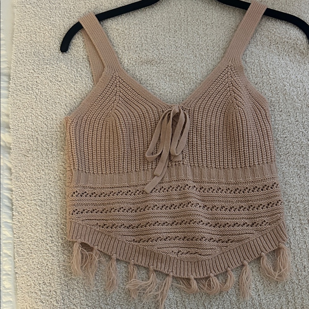 Women's Tan Knit Fringe Top